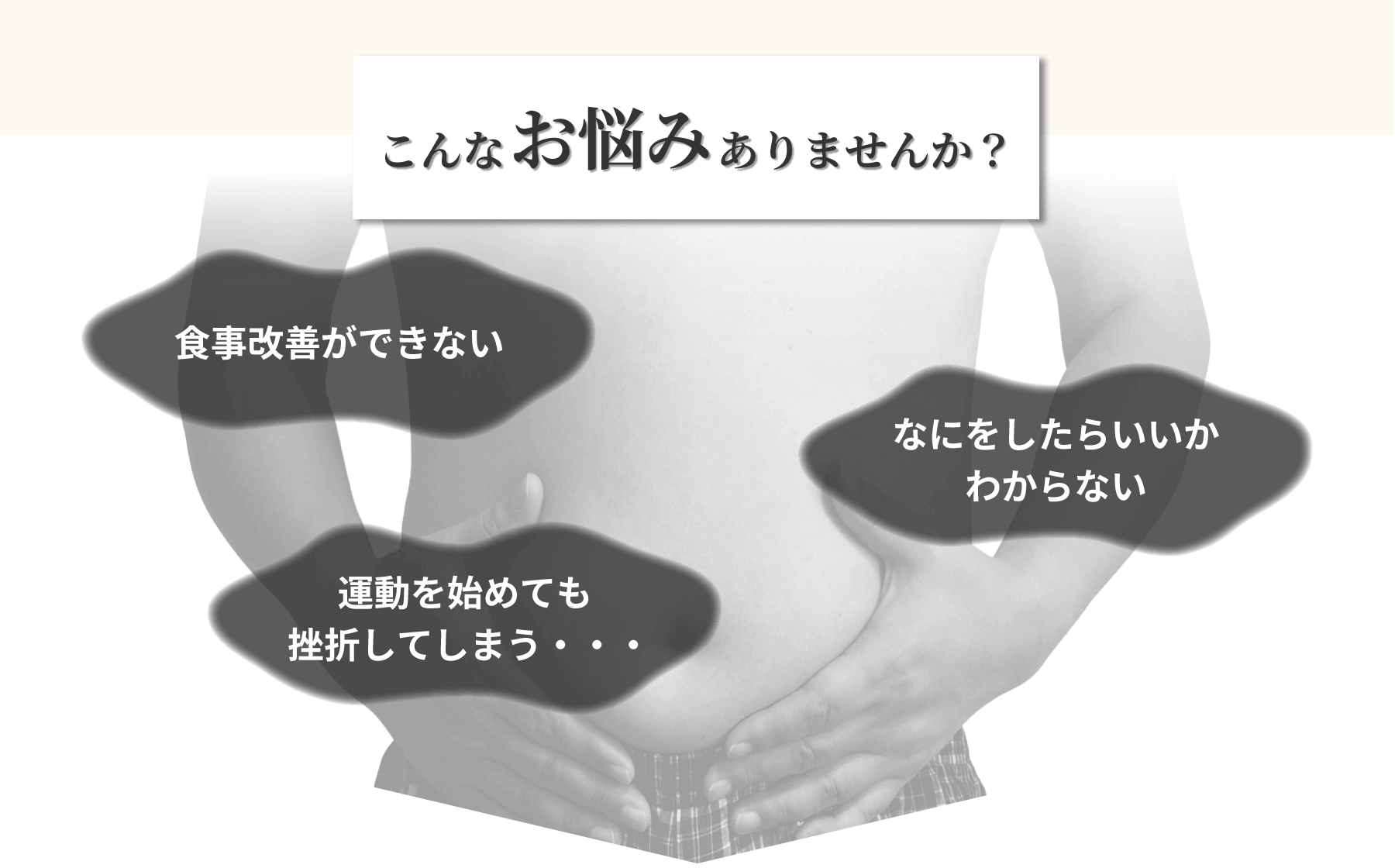 こんなお悩みありませんか?食事改善ができない。運動をはじめても挫折してしまう・・・。何をしたらいいかわからない。