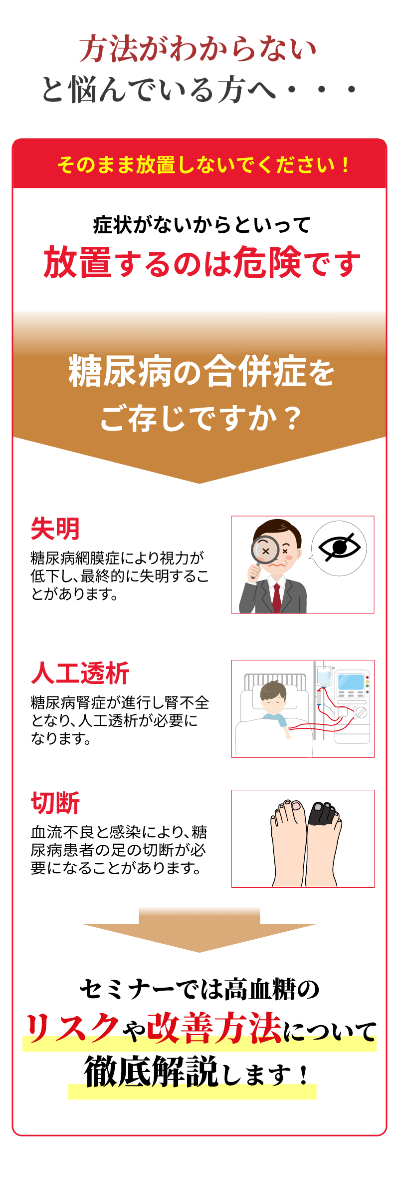 改善方法がわからないと悩んでいる方へ・・・。そのまま放置しないでください!症状がないからといって放置するのは危険です。