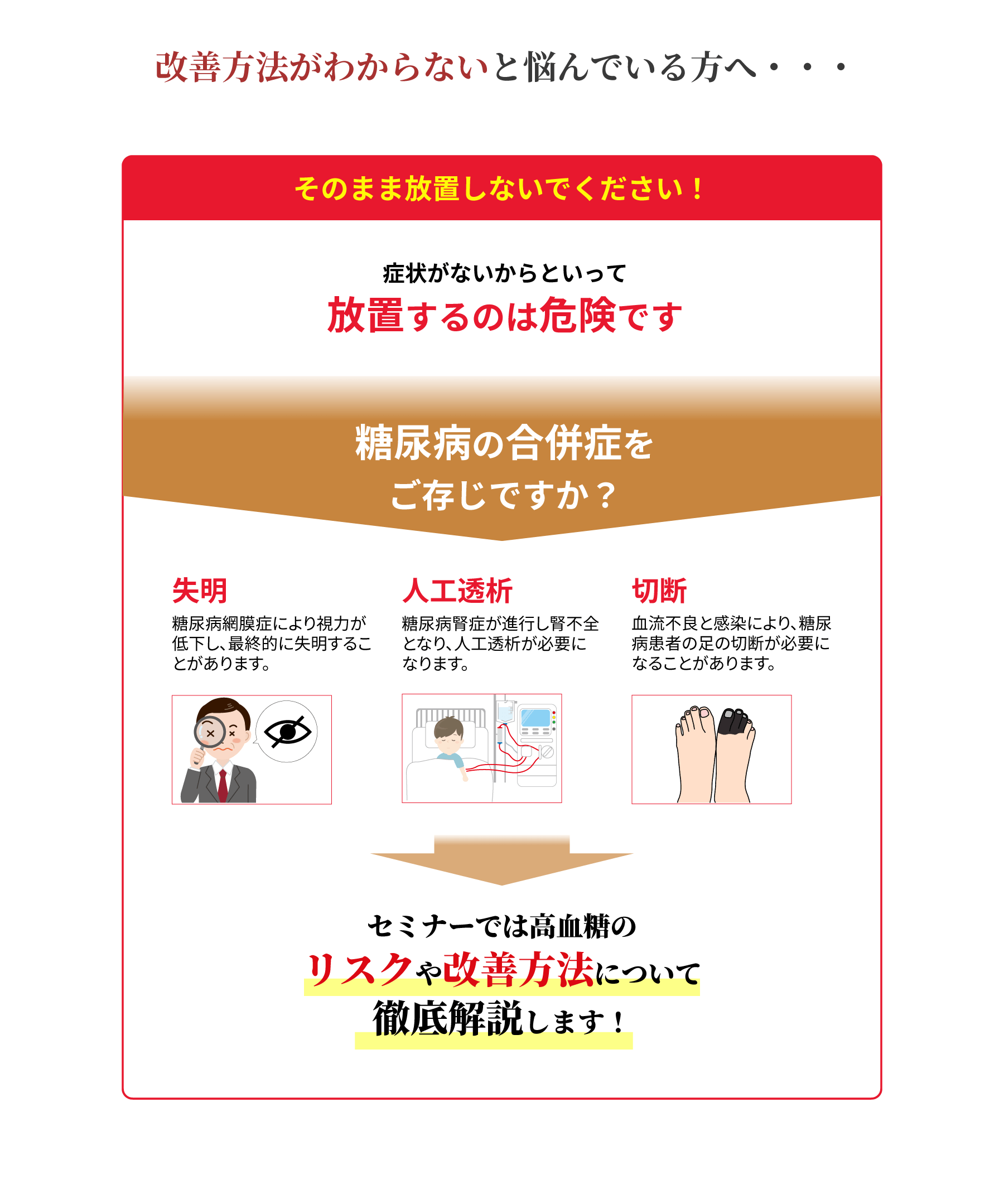 改善方法がわからないと悩んでいる方へ・・・。そのまま放置しないでください!症状がないからといって放置するのは危険です。